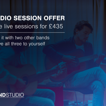 Clitheroe recording studio featuring two guitar players promoting a live session offer