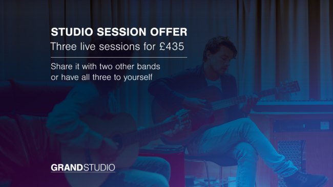 Clitheroe recording studio featuring two guitar players promoting a live session offer