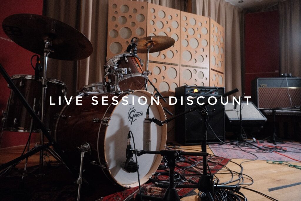 Drum kit in The Grand recording studio in Clitheroe to promote live session offer.